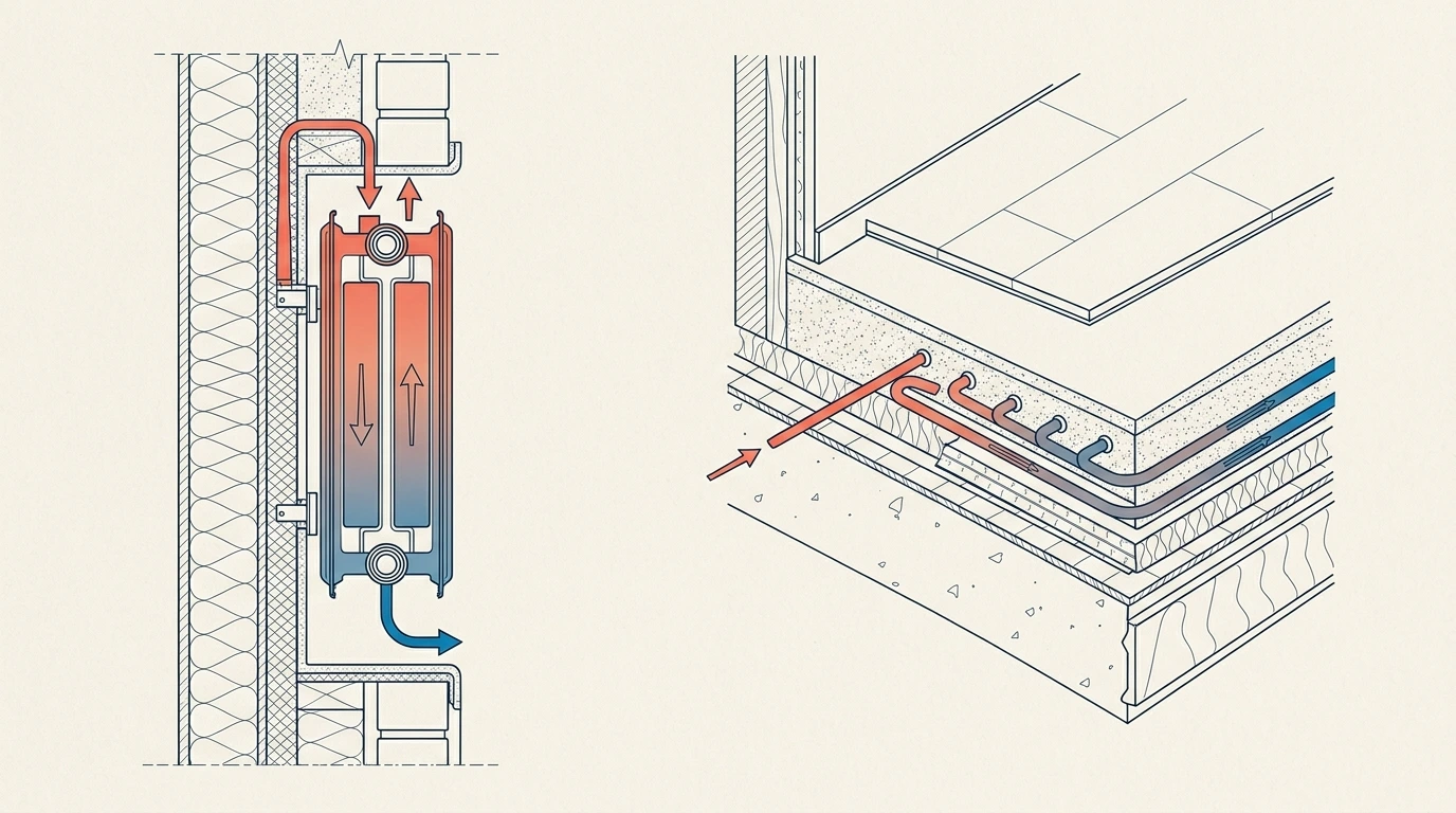 Coupe d'un radiateur et d'un plancher chauffant à températures d'eau différentes