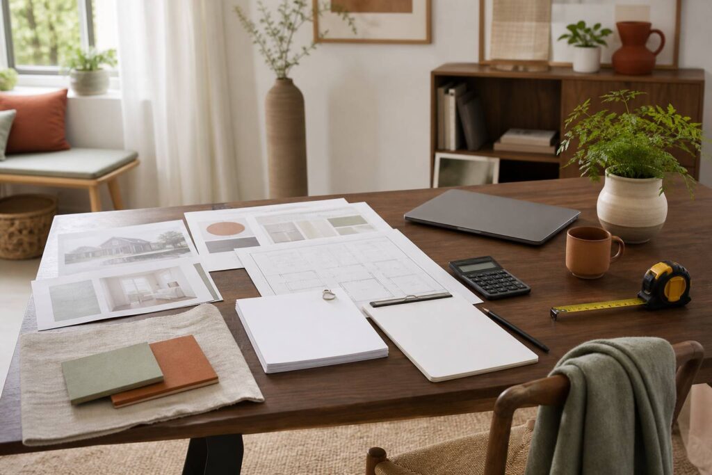 Bureau avec dossier de rénovation énergétique, documents et calculatrice