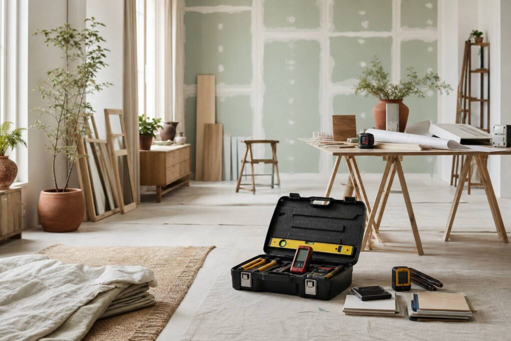 Chantier de rénovation ordonné avec caisse à outils et mètre laser