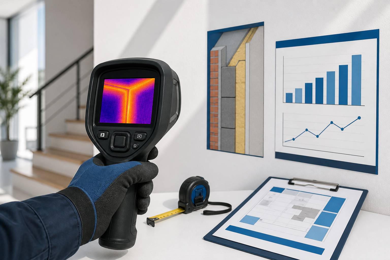 Caméra thermique en main devant un mur avec relevé de température et documents sur une table