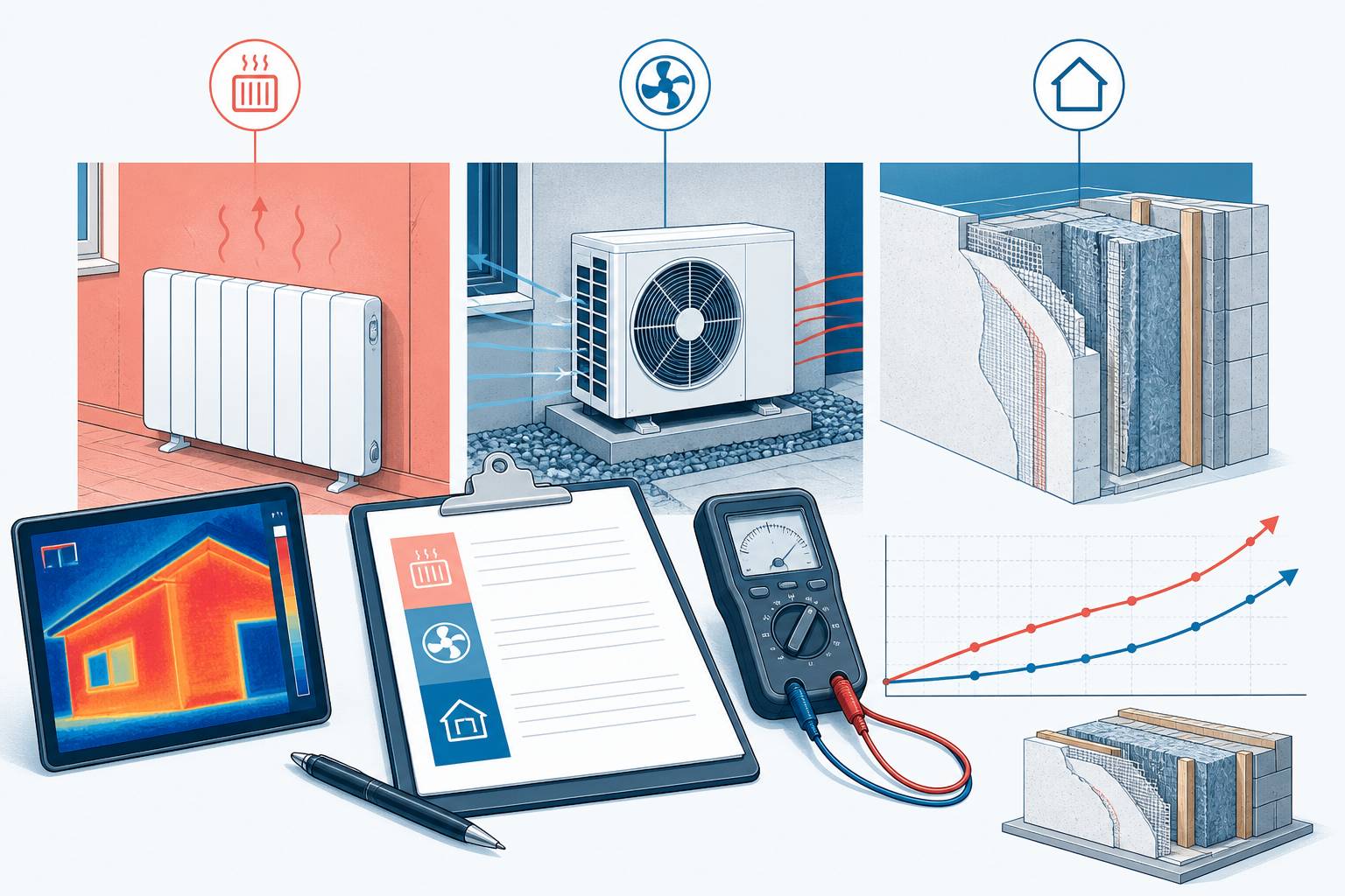 Blocs de comparaison stylisés entre radiateur électrique et pompe à chaleur