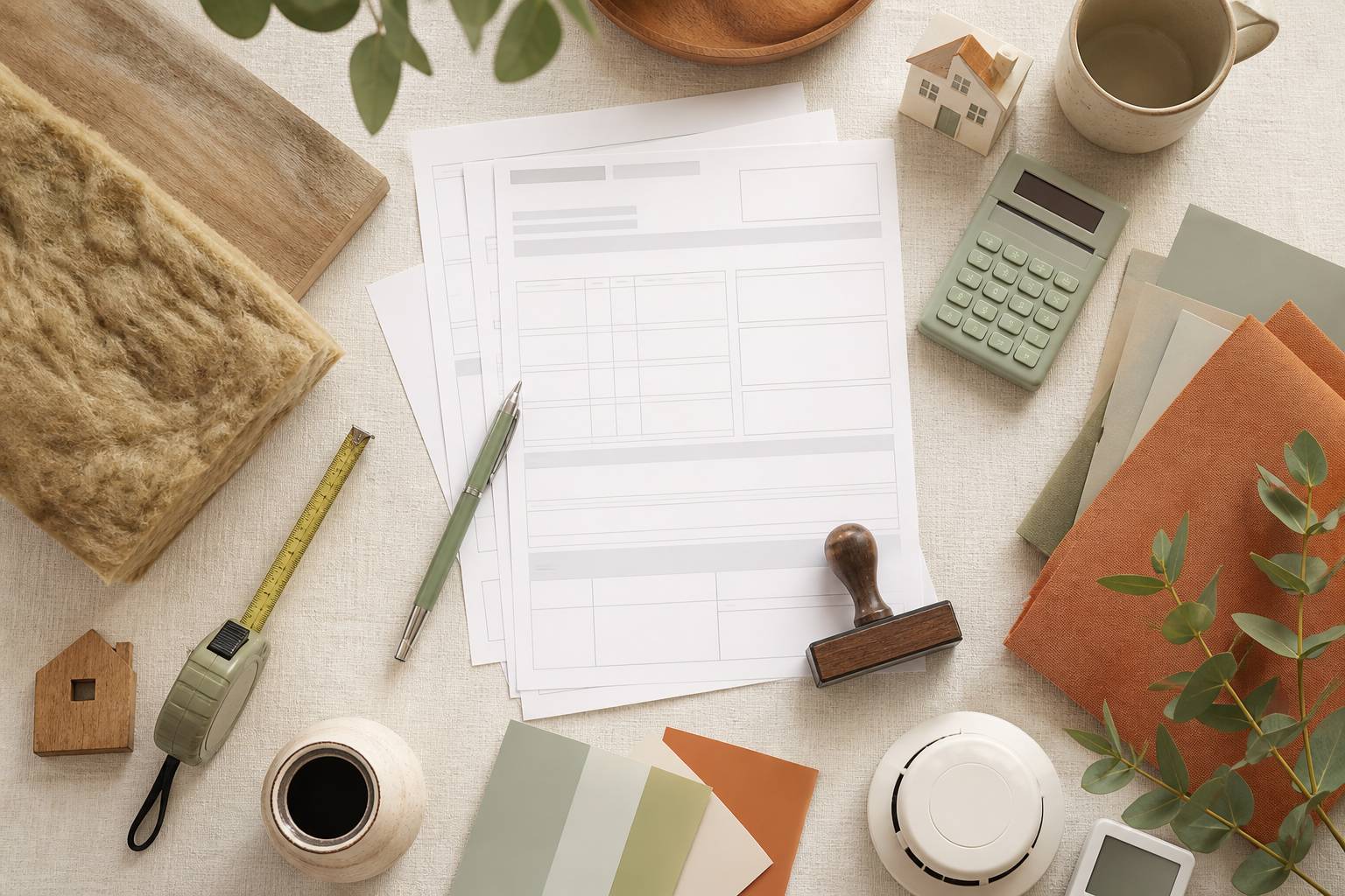 Demande d'aides à la rénovation avec documents administratifs et échantillon d'isolant