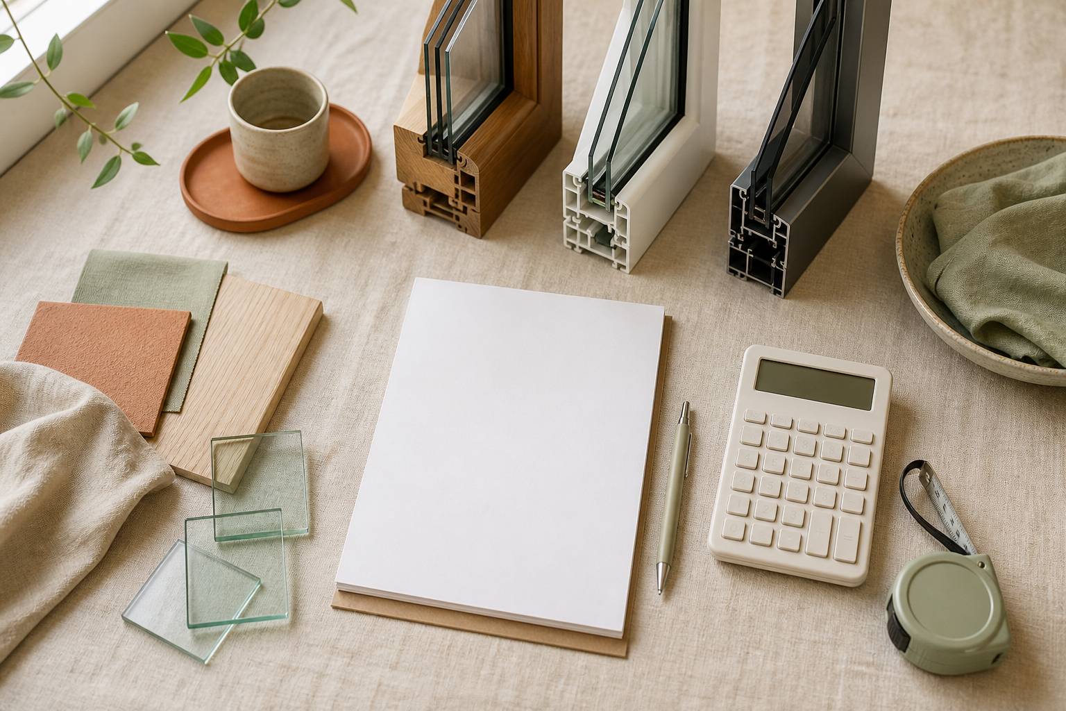 Devis et échantillons de profilés de fenêtres avec calculatrice et mètre ruban