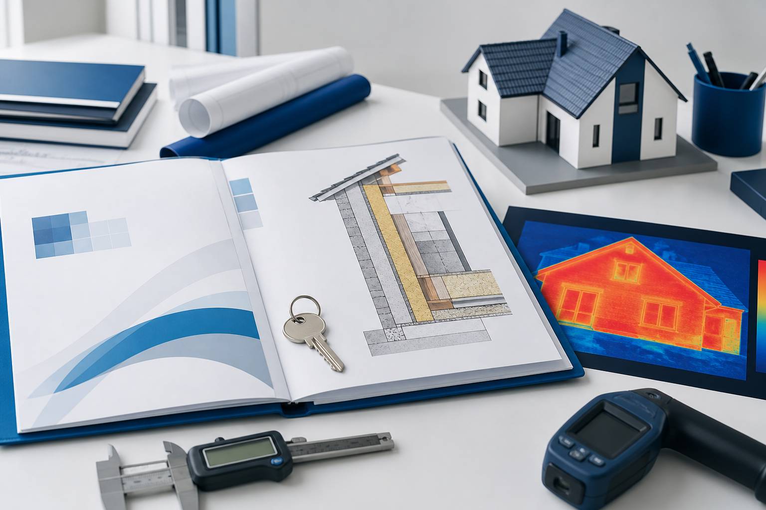 Dossier d'audit énergétique ouvert avec clé de maison