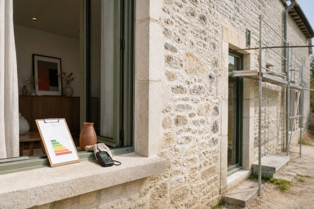 Façade d'immeuble ancien avec échafaudage et document DPE