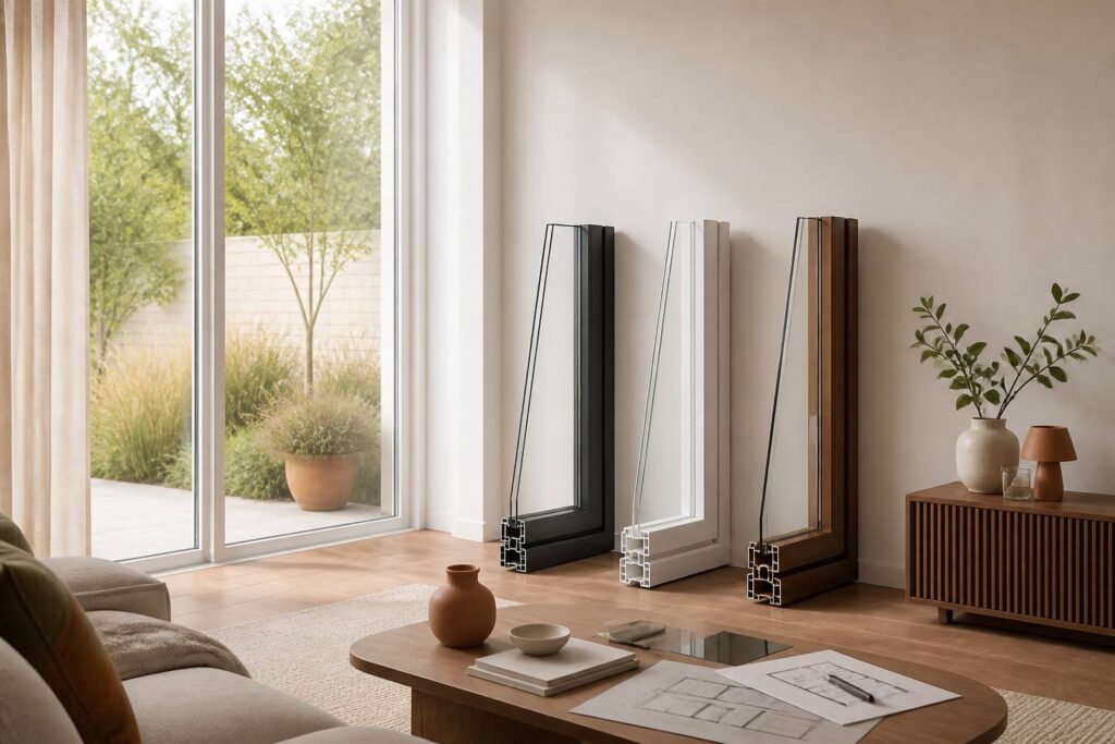 Baie vitrée avec trois profilés de fenêtre en aluminium, PVC et bois