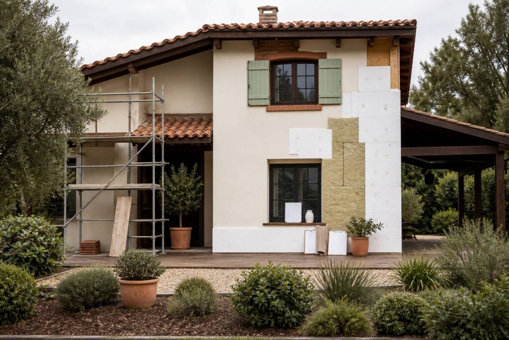 Façade de maison en rénovation avec panneaux isolants fixés et échafaudage