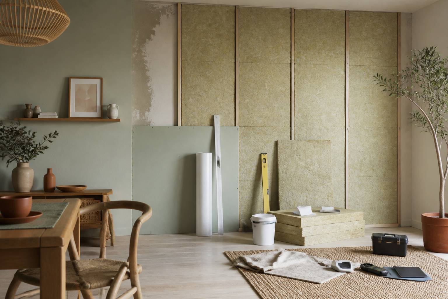 Panneaux isolants posés contre un mur avec membrane pare-vapeur