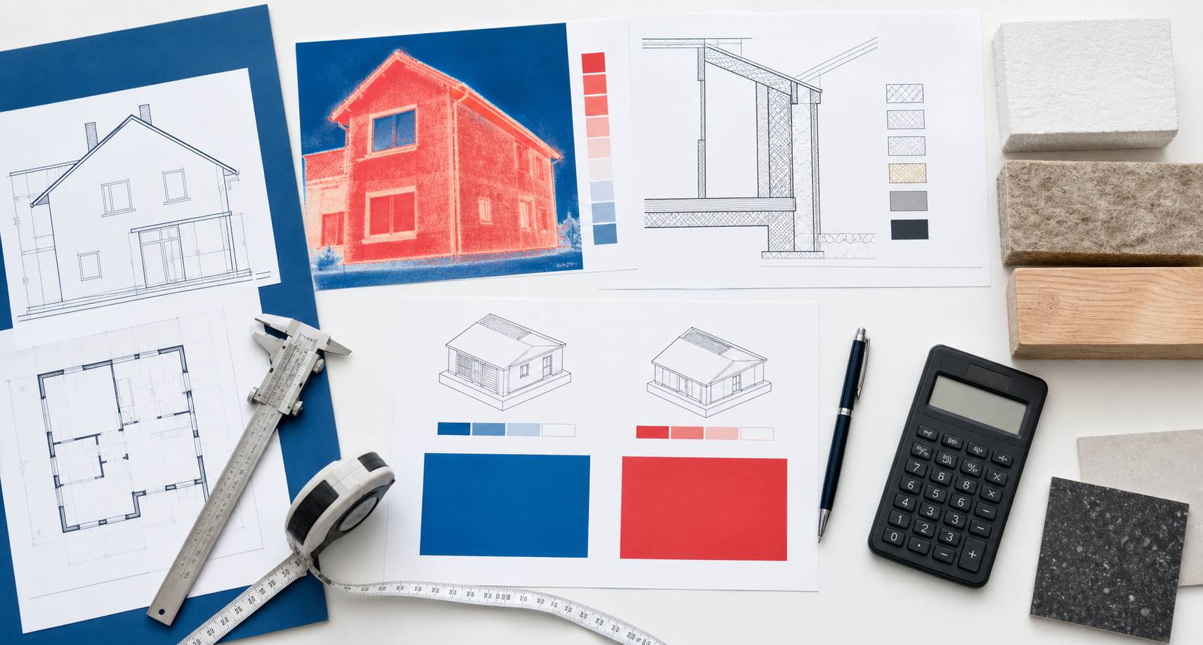 Plan de rénovation et documents techniques sans texte sur une table