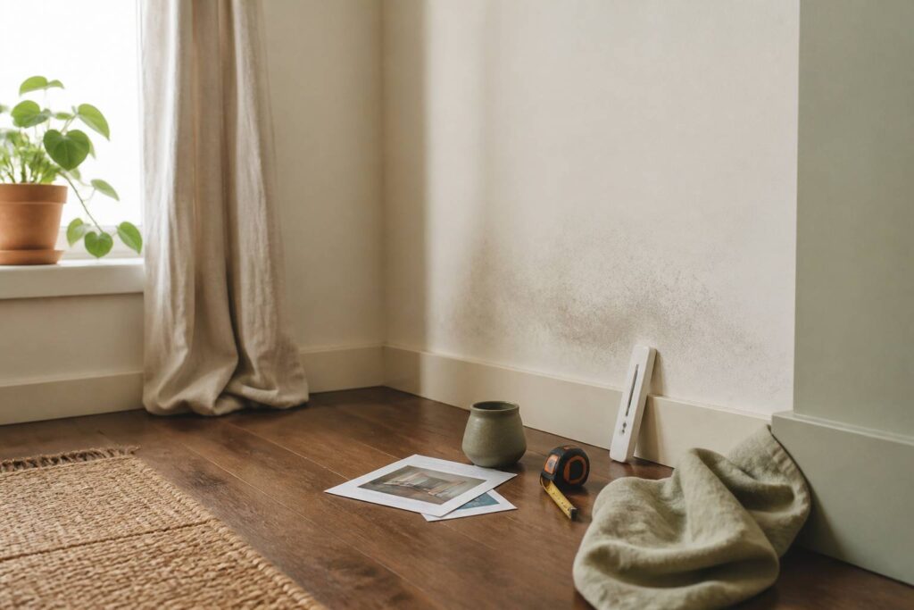 Coin de pièce avec trace de condensation sur le mur et thermomètre sur le rebord