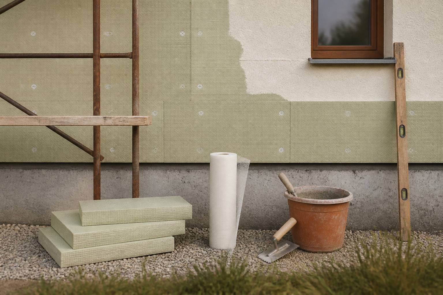 Panneaux isolants rigides et outils de pose contre un mur extérieur en chantier