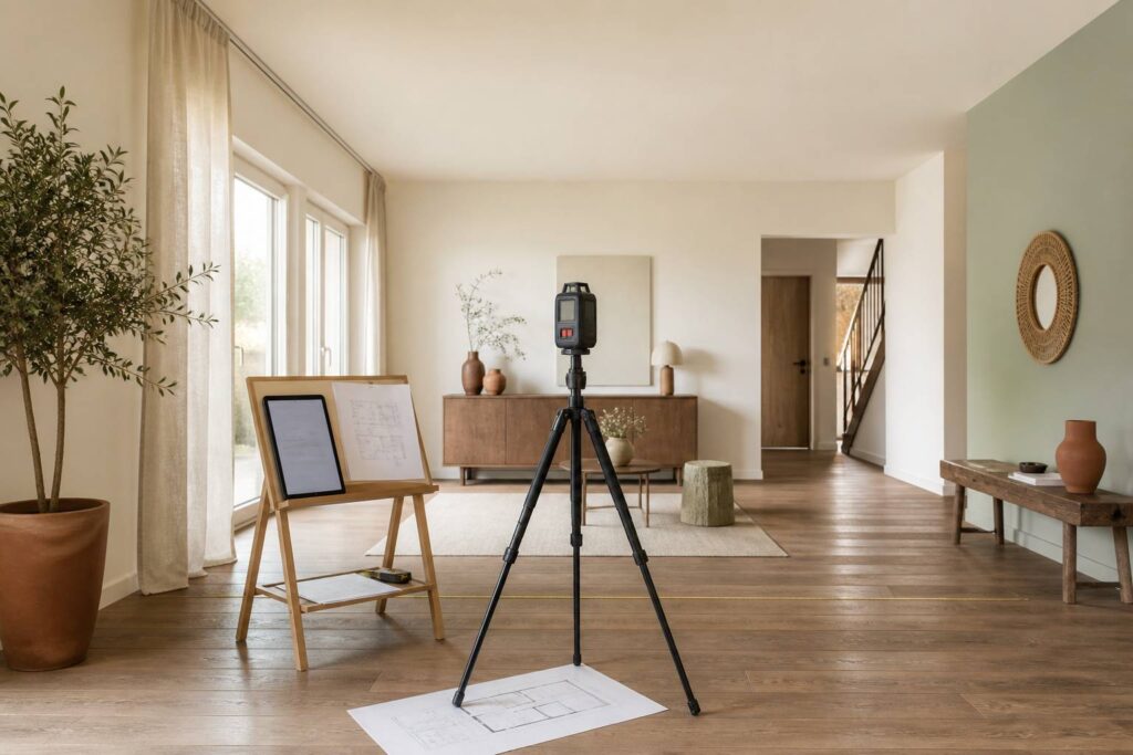 Mètre laser sur trépied dans un salon vide lors d'un diagnostic