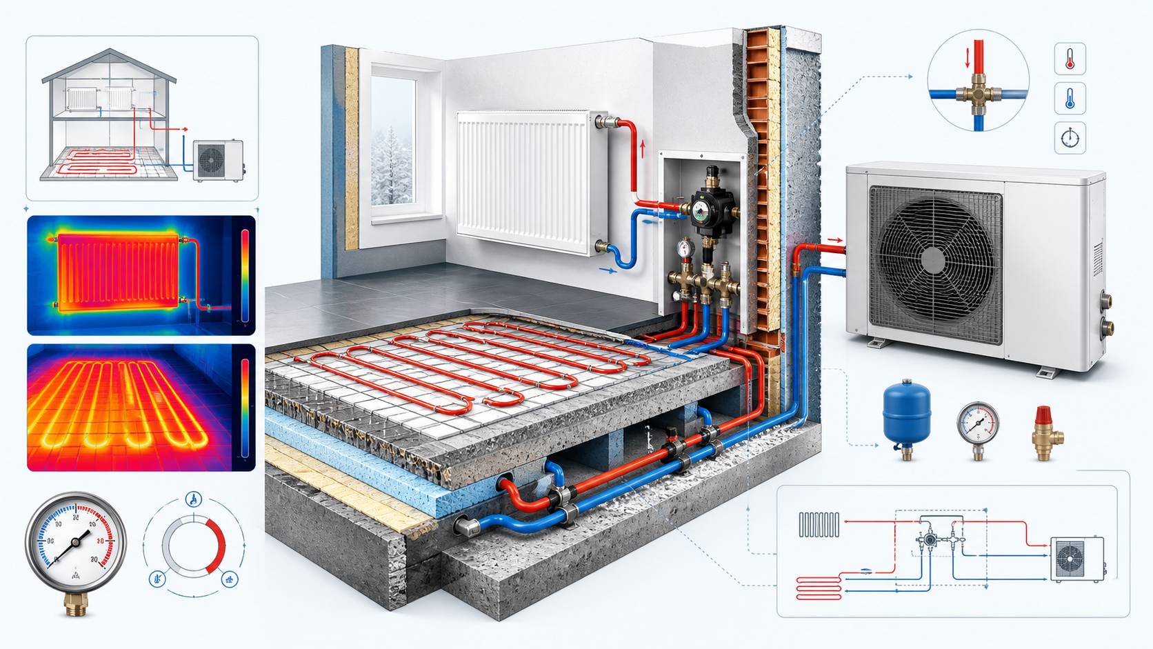 Schéma thermique reliant radiateur, plancher chauffant et pompe à chaleur