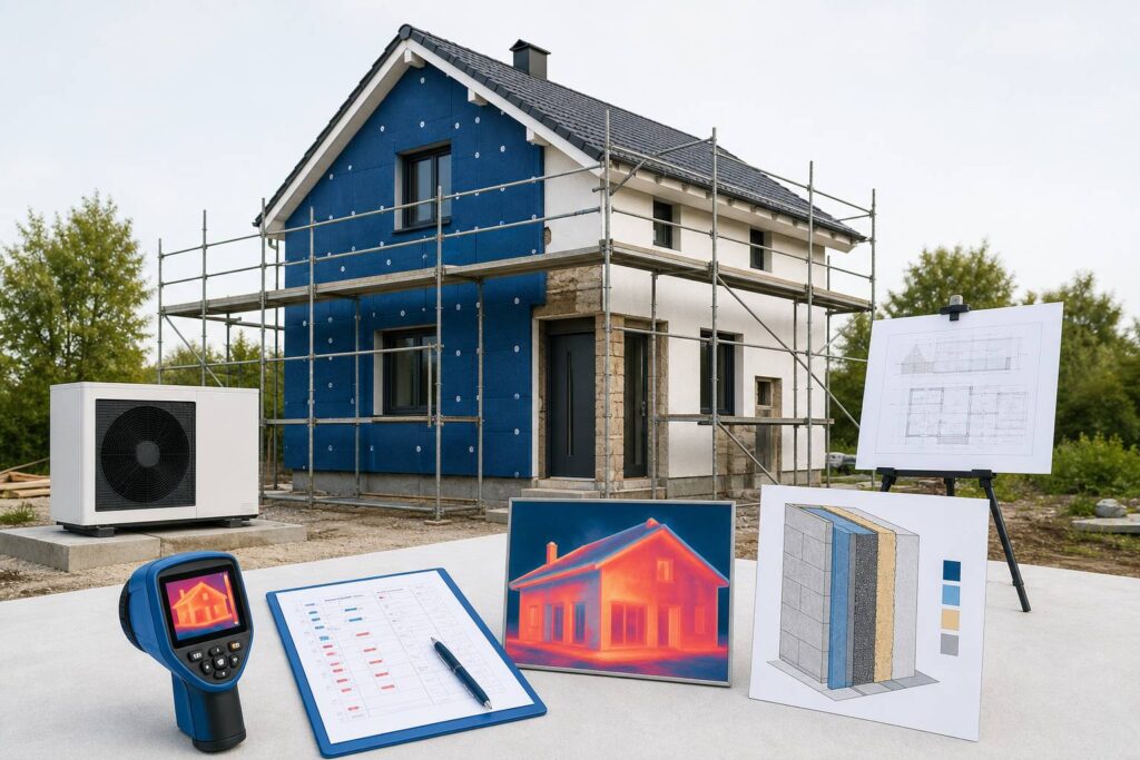 Chantier de rénovation énergétique avec échafaudage et panneaux isolants