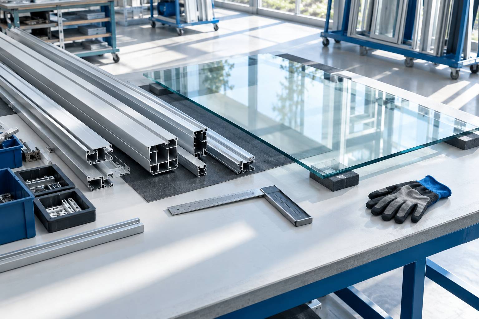 Profiles aluminium et vitrage poses dans un atelier de menuiserie