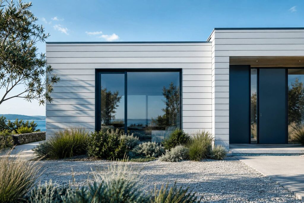 Facade de maison contemporaine recouverte d'un bardage a lames claires