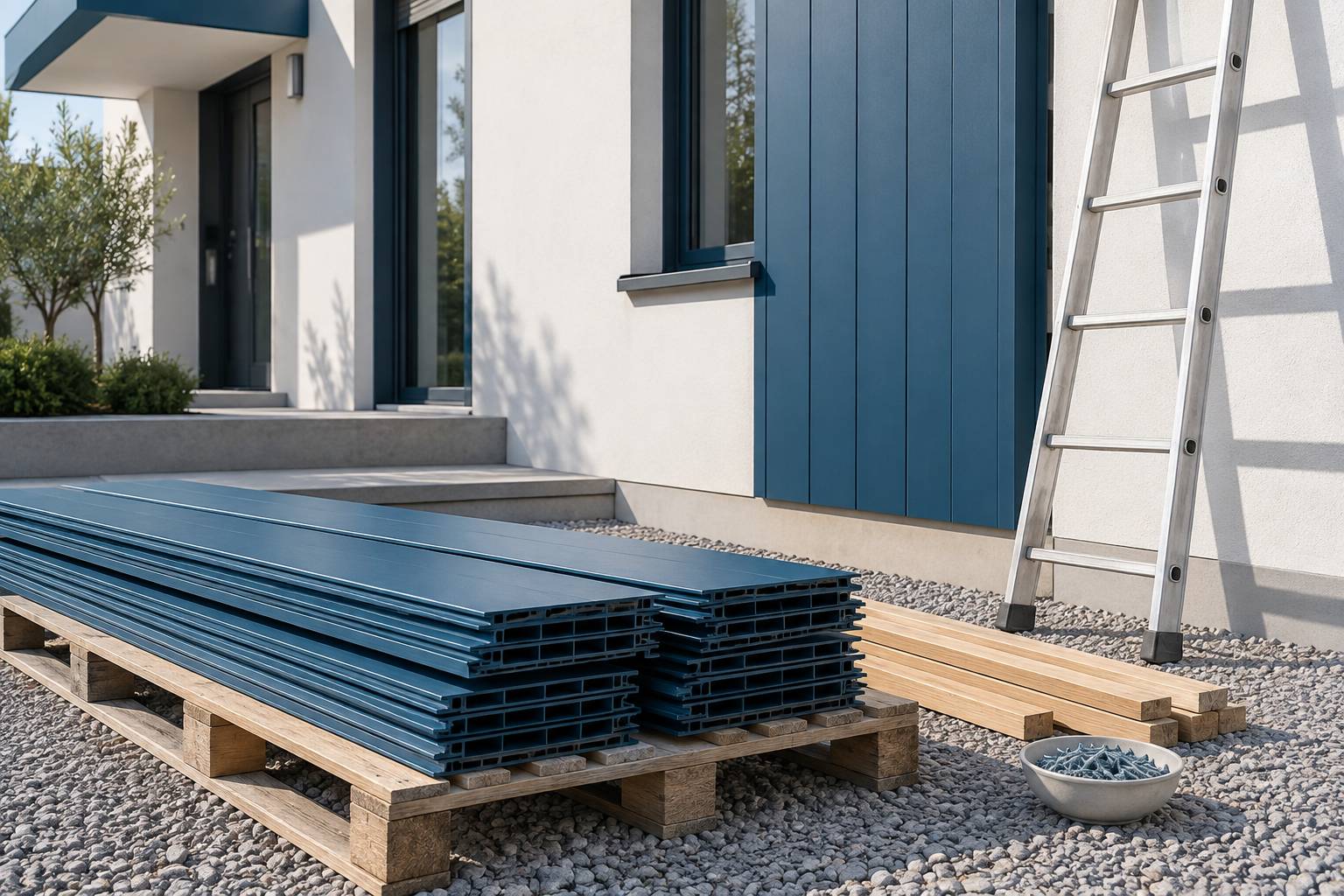 Lames de bardage empilees et tasseaux sur un chantier