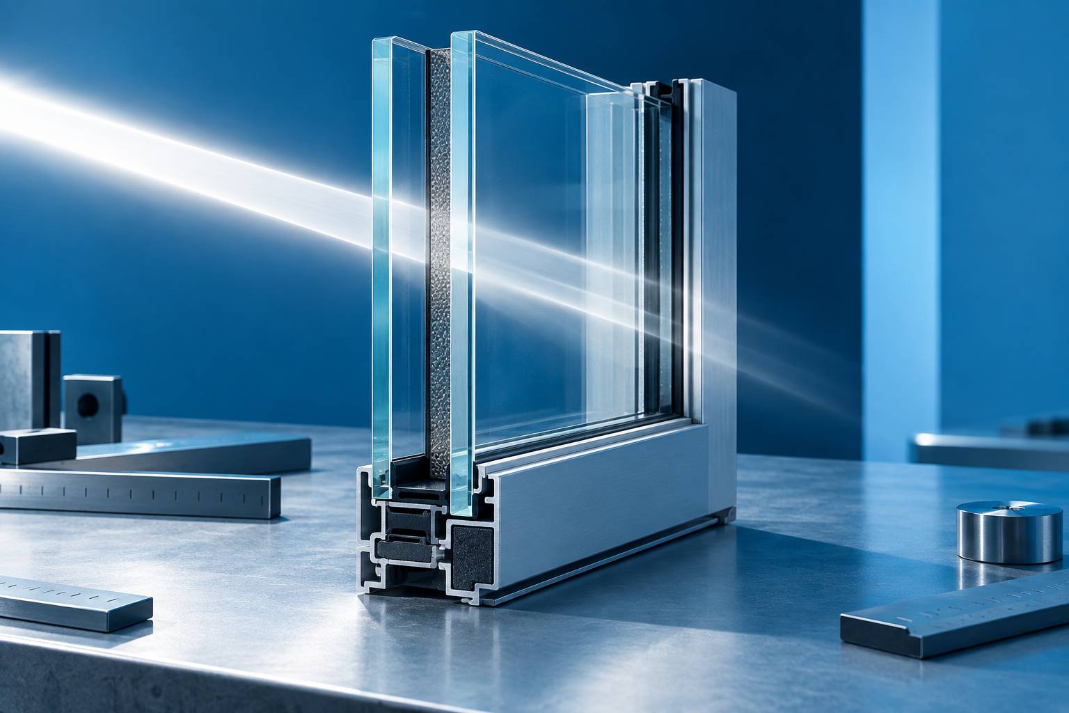 Coupe d'un double vitrage en atelier avec intercalaire métallique et faisceau lumineux