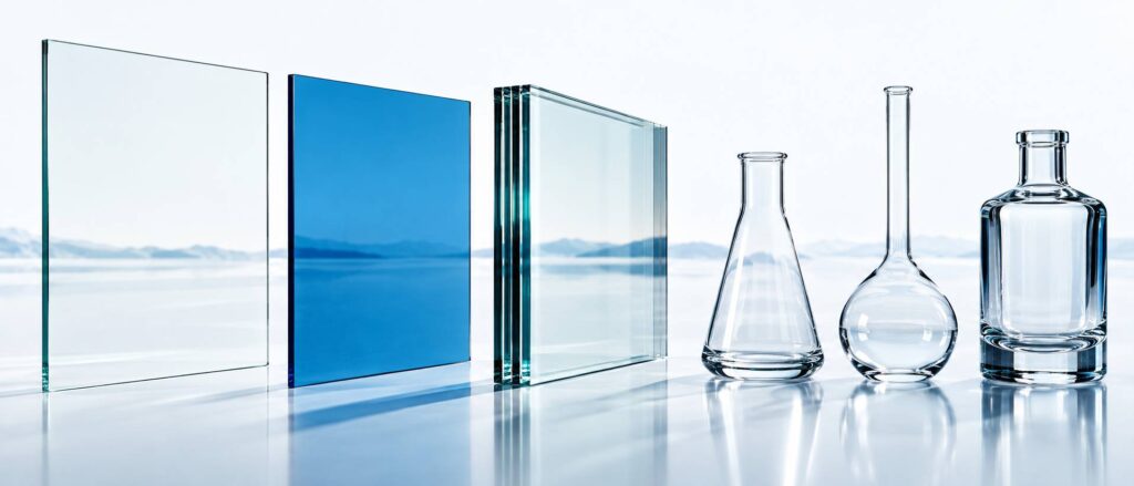 Panneaux et objets en verre alignés montrant les différents types et usages du matériau