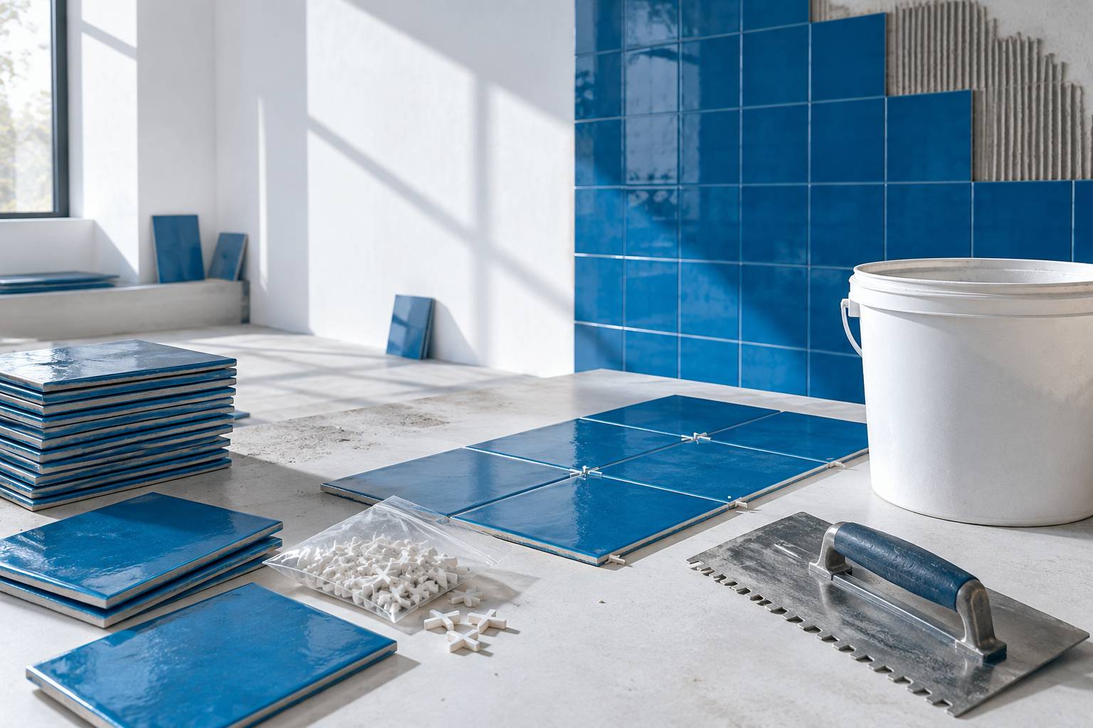 Carreaux de faïence empilés avec truelle dans un atelier
