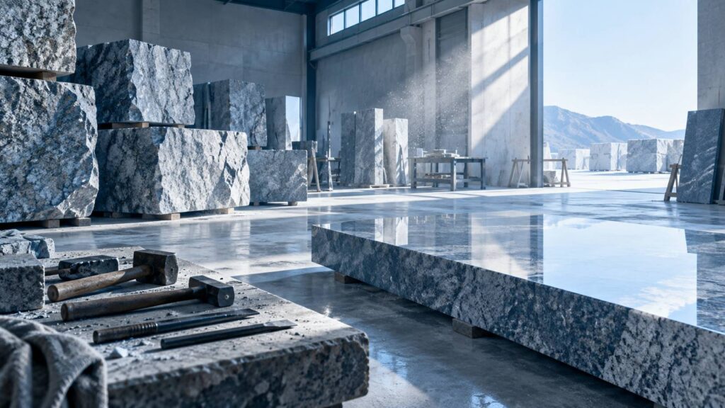 Blocs de granit brut et surface polie dans un atelier de taille de pierre
