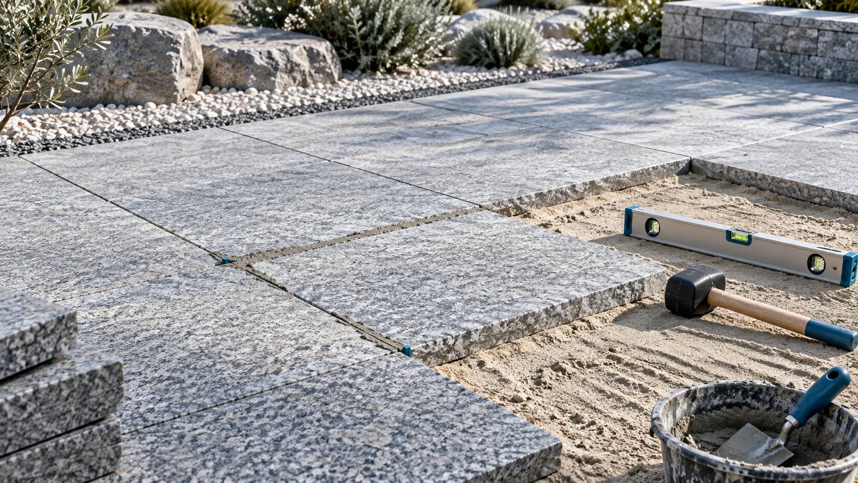 Dalles de granit alignees sur un chantier de maconnerie