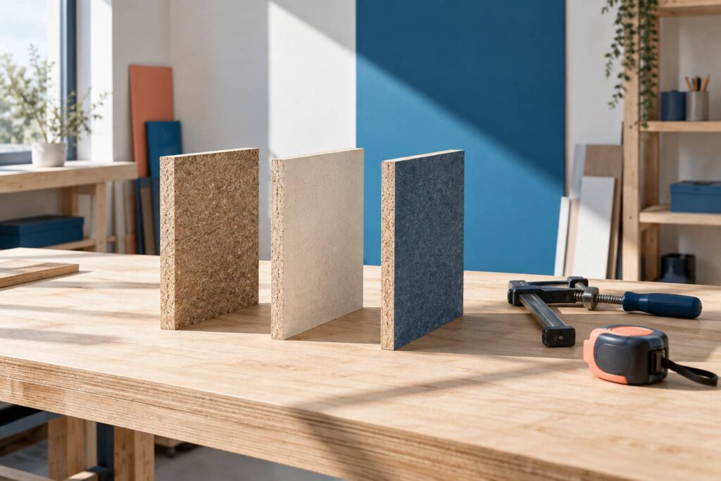 Echantillons de panneaux de fibres poses debout sur un etabli d'atelier