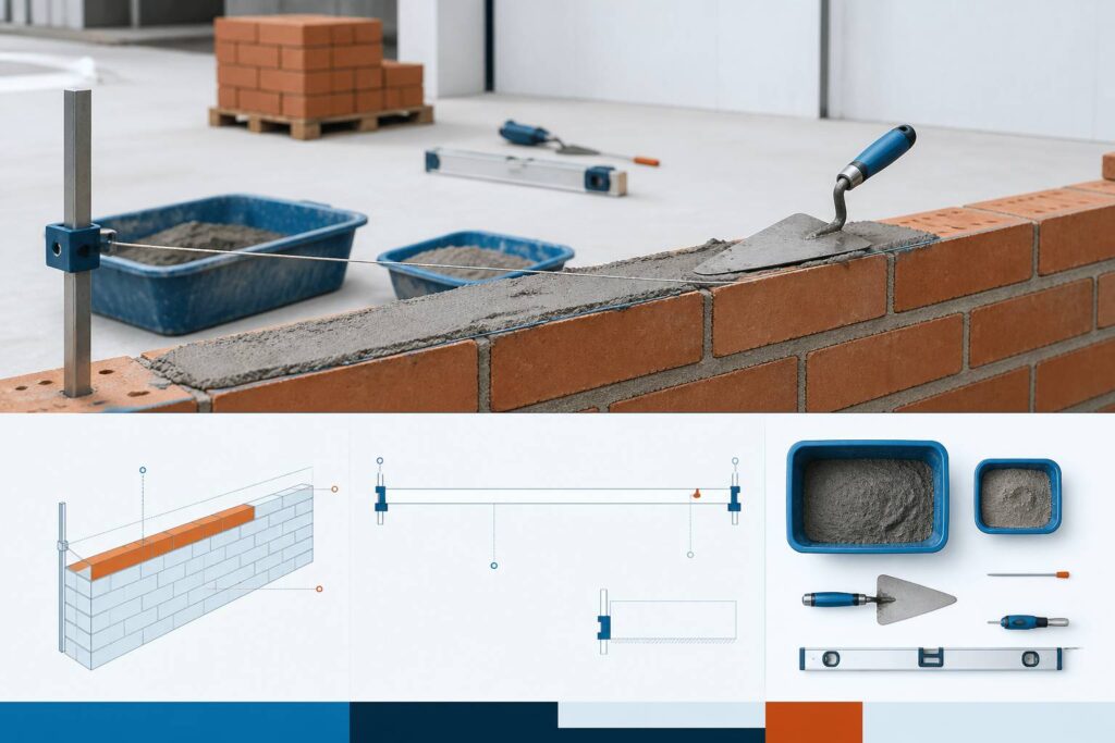 Application de mortier à la truelle sur un mur de briques en chantier