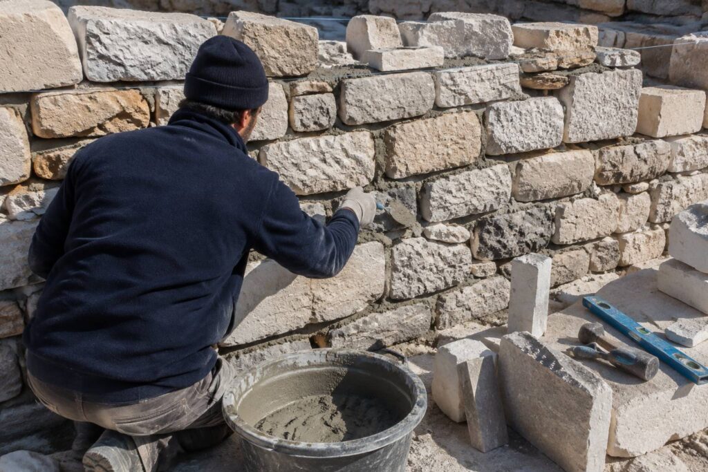 Maçon appliquant du mortier sur un mur en pierre
