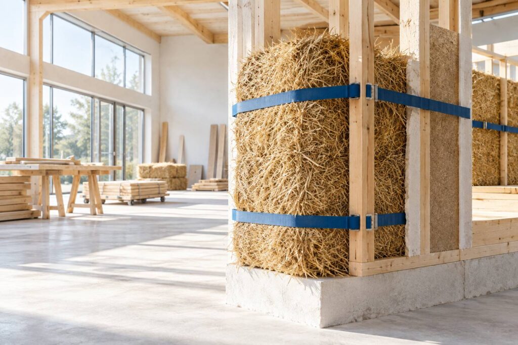 Botte de paille dans un atelier de construction a ossature bois