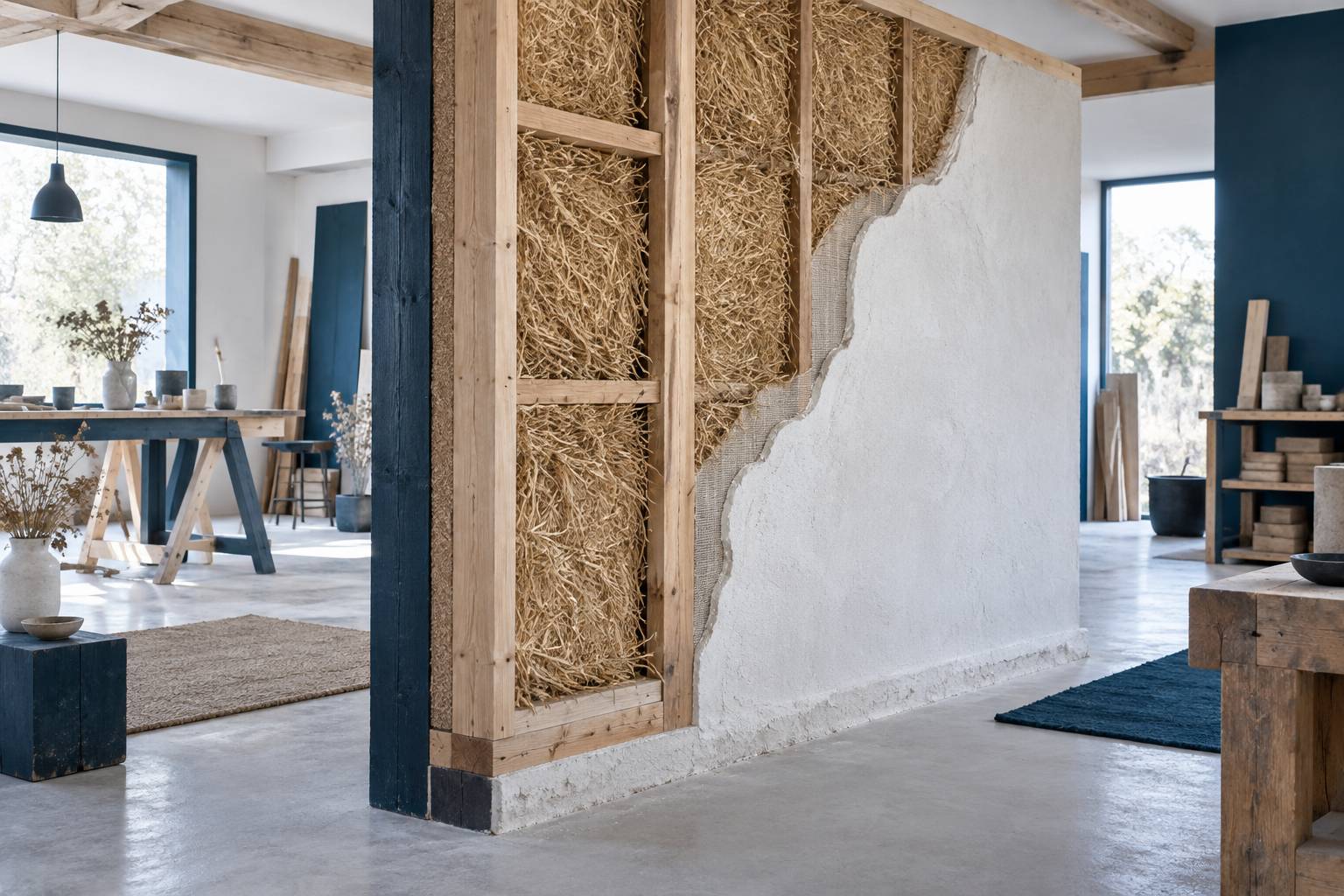 Mur en bottes de paille maintenues par une ossature bois