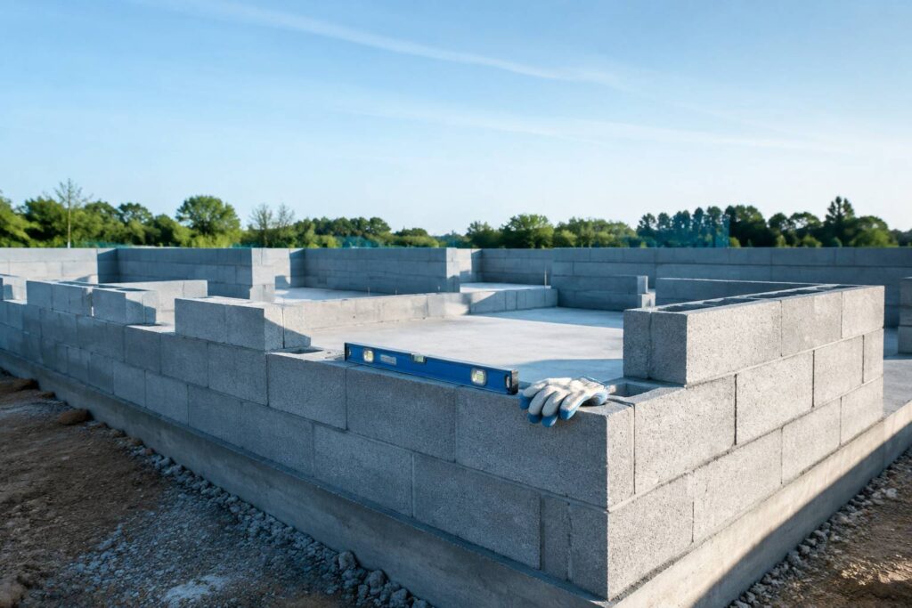 Blocs de parpaing gris alignés sur les fondations d'une maison en construction avec un niveau à bulle