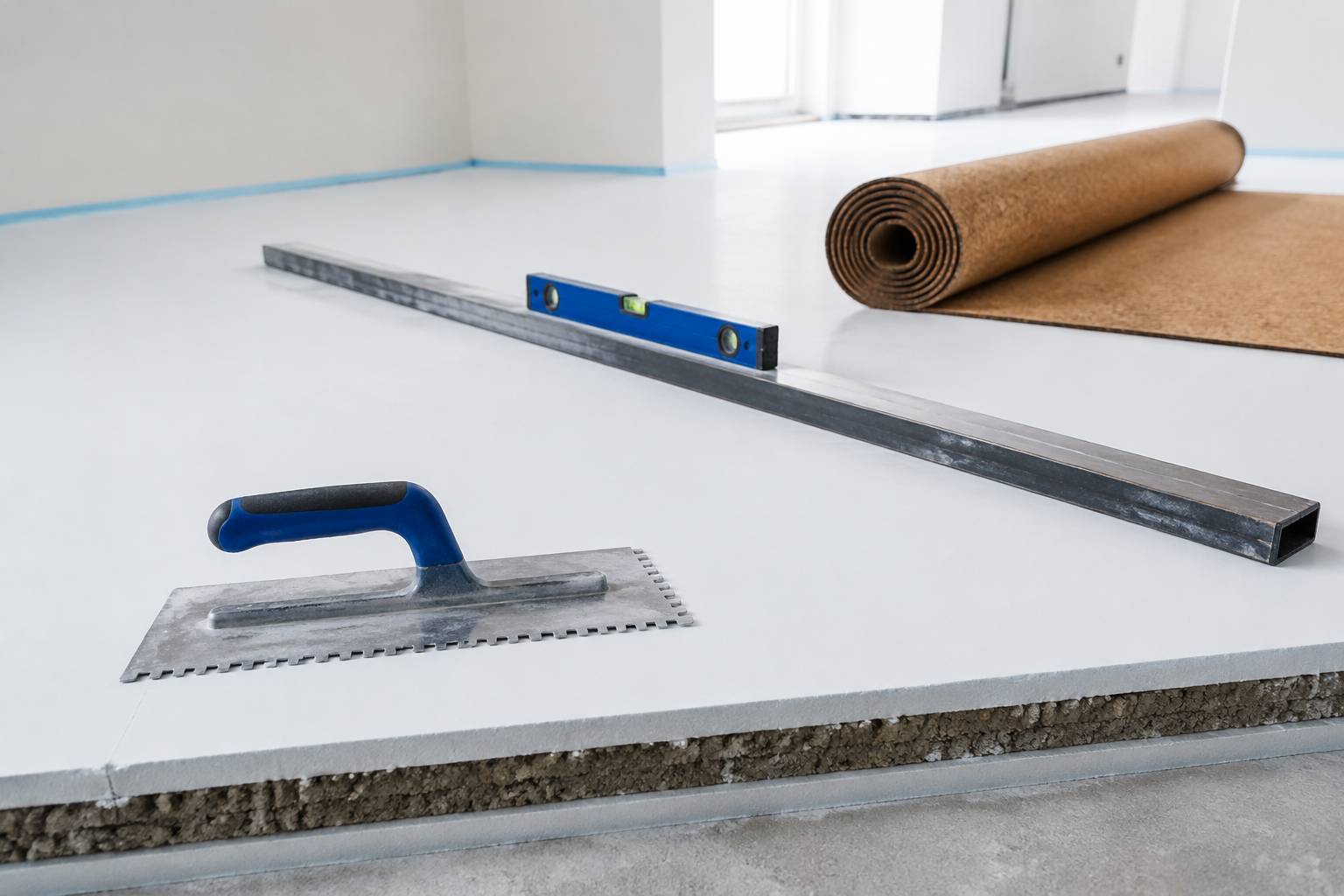 Préparation du sol avec ragréage et rouleau de sous-couche avant la pose du parquet