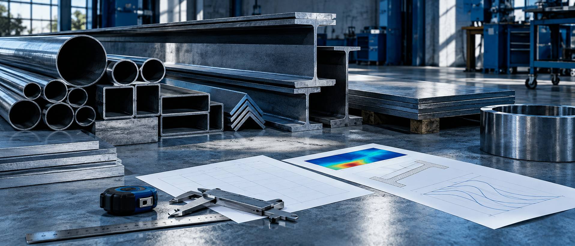 Barres et profiles d'acier empiles dans un atelier metallurgique