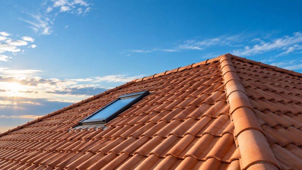 Toiture neuve couverte de tuiles en terre cuite aux tons chauds