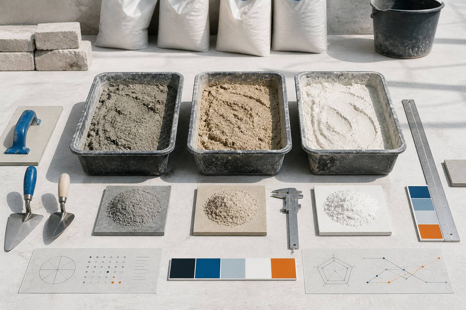 Bacs de gâchage avec mortiers de ciment et de chaux de textures différentes