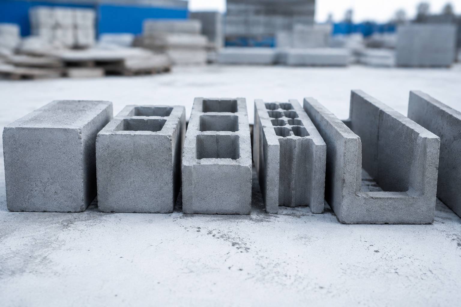 Différents types de blocs en béton alignés sur un chantier, du bloc plein au bloc creux à bancher