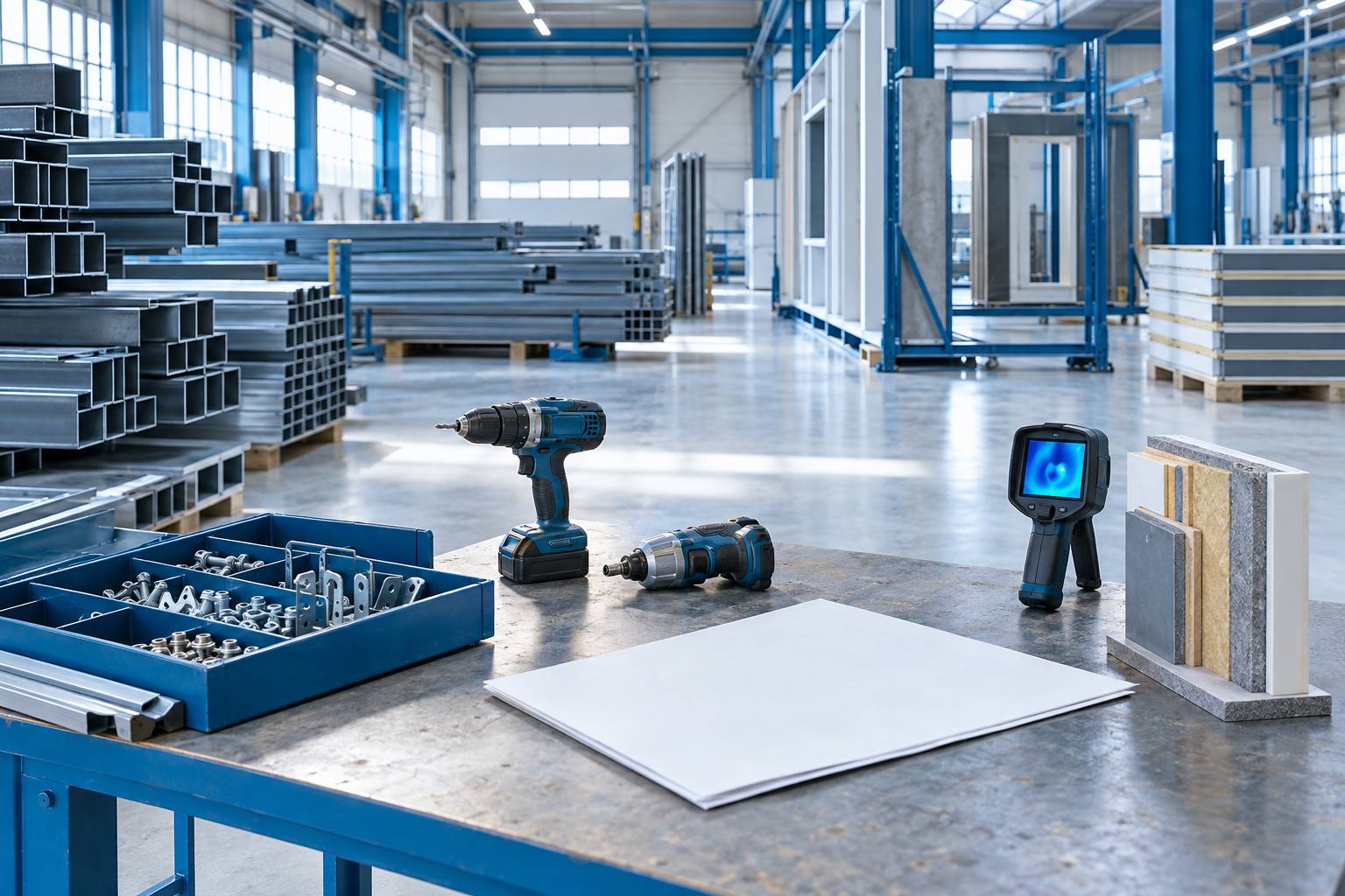 Atelier de préfabrication avec profilés d'acier et connecteurs rangés