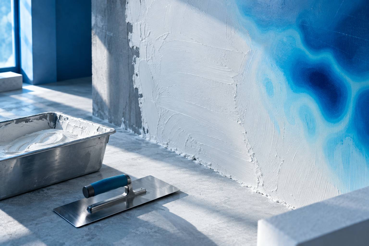Mur fraichement platree lisse a la taloche avec truelle