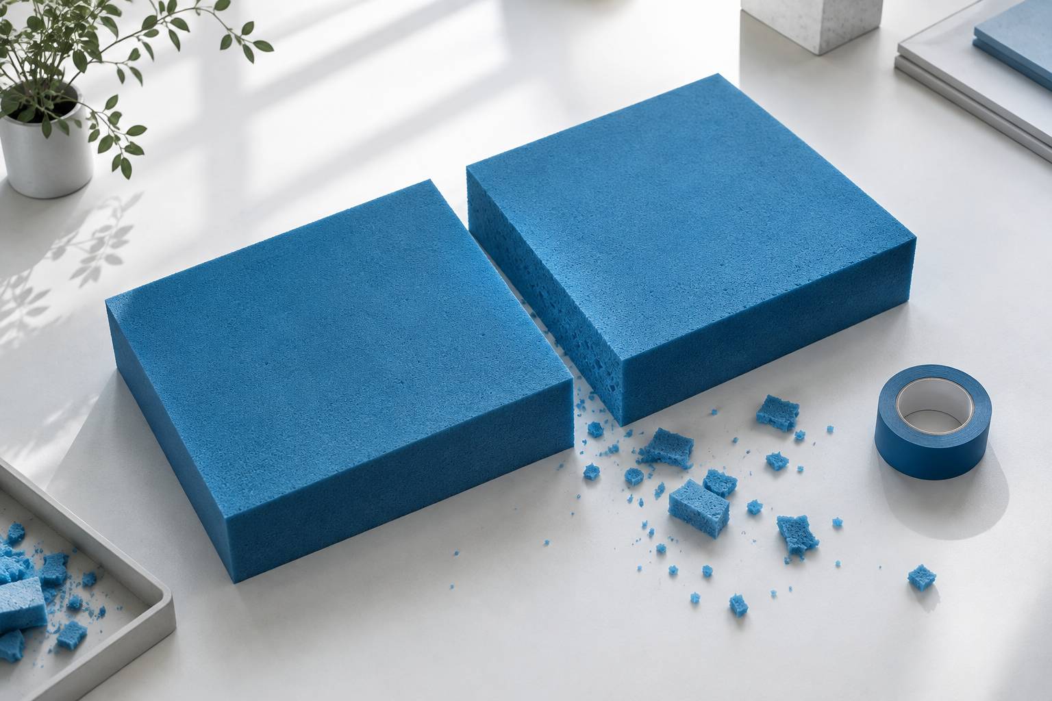 Bloc de mousse isolante coupe en deux sur un etabli