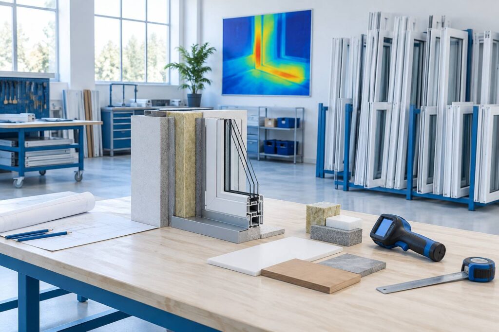 Profilés de fenêtre en PVC et échantillons de matériaux dans un atelier