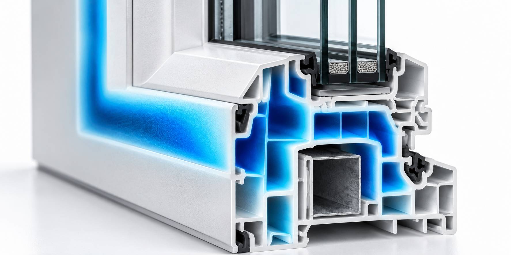 Coupe d'un profilé de fenêtre en PVC montrant ses chambres d'isolation