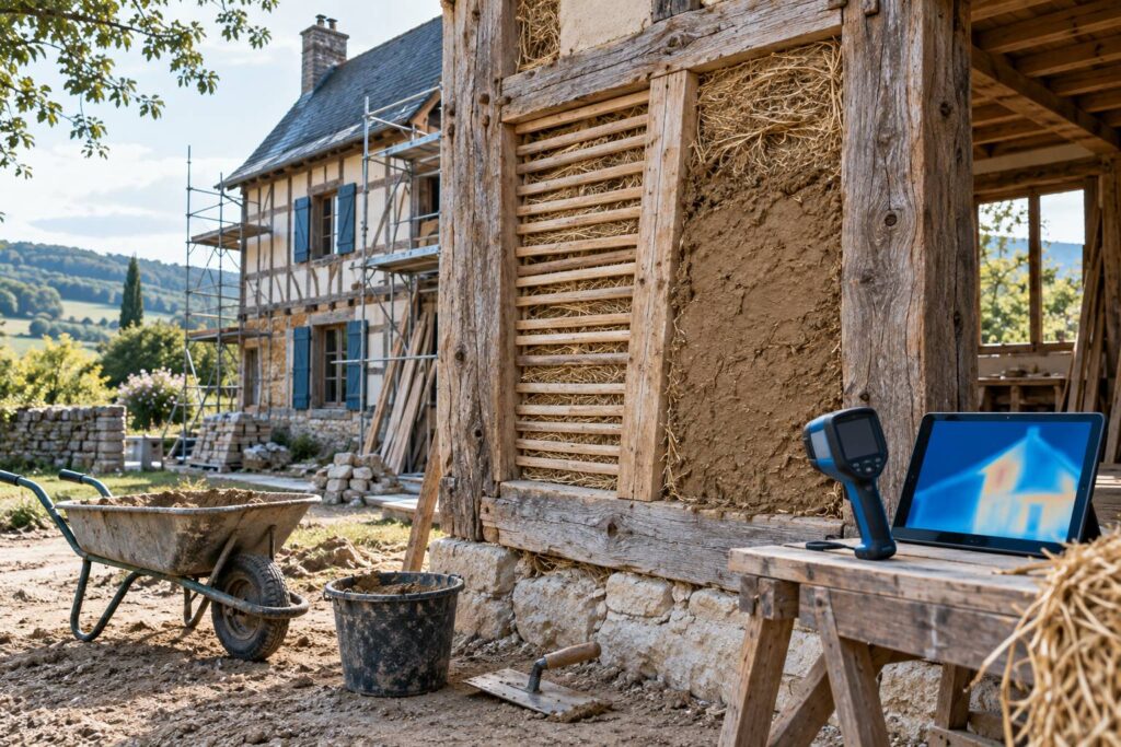 Mur de torchis entre colombages en cours de renovation dans une maison ancienne